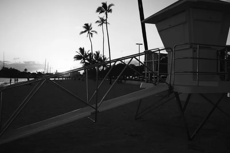 Lifeguard tower and palm trees silhouetted against a dusky sky on a Honolulu beach, in black and white