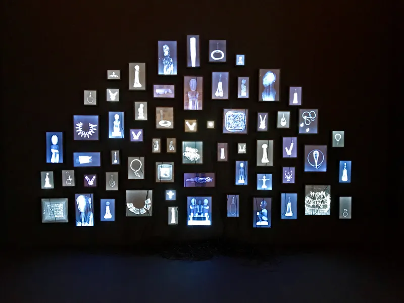 Wall of illuminated blue X-ray lightboxes displaying artifact silhouettes in a dark museum gallery