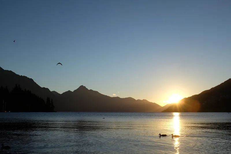 Sun setting behind mountain silhouettes over Lake Wakatipu with ducks gliding across the golden reflection